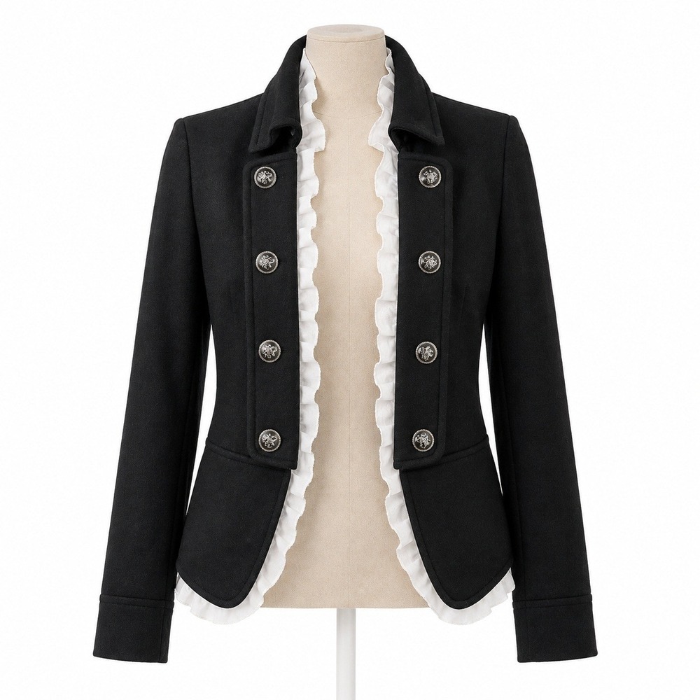 Y2K Ruffle Marching Band Jacket Sz L Black Military Drummer Preppy Regency Goth